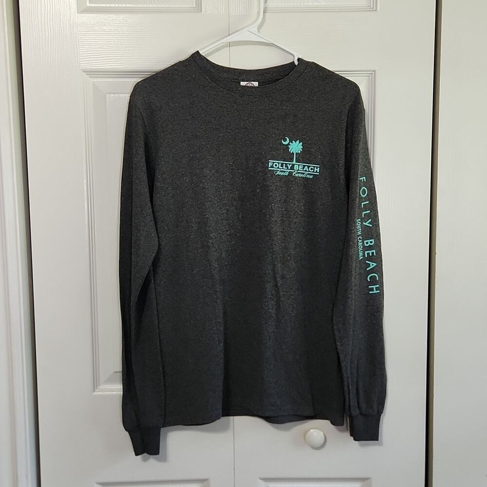 Folly Beach‎ South Carolina Men's Gray Long Sleeve T-shirt Size SM Crew Neck